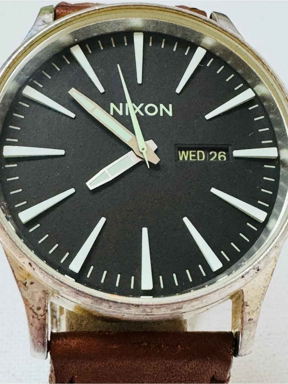 Nixon The Sentry 42mm Men's Day/Date Watch Silver Brown Leather Black Dial